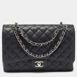 Pre Owned Chanel Black Quilted Caviar Leather Maxi Classic Double Flap Bag