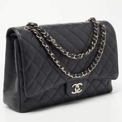 Pre Owned Chanel Black Quilted Caviar Leather Maxi Classic Double Flap Bag