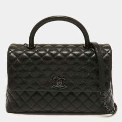 Pre Owned Chanel Black Quilted Caviar Leather So Black Coco Top Handle Bag
