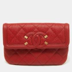 Chanel Red Quilted Caviar Leather Filigree Wallet