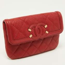 Chanel Red Quilted Caviar Leather Filigree Wallet