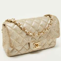 Pre Owned Chanel Gold Quilted Perforated Leather New Mini Classic Flap Bag