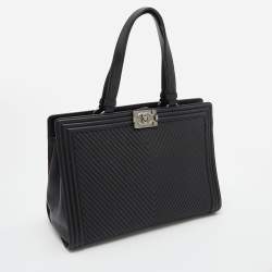 Pre Owned Chanel Black Chevron Quilted Leather Large Boy Shopper Tote