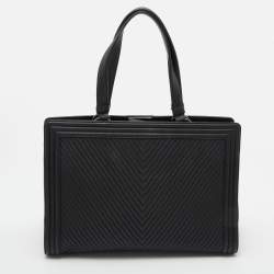 Pre Owned Chanel Black Chevron Quilted Leather Large Boy Shopper Tote