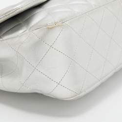 Pre Owned Chanel Silver Quilted Leather Jumbo Classic Single Flap Bag