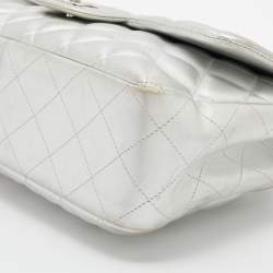 Pre Owned Chanel Silver Quilted Leather Jumbo Classic Single Flap Bag