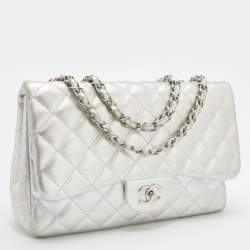 Pre Owned Chanel Silver Quilted Leather Jumbo Classic Single Flap Bag