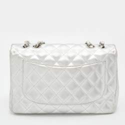 Pre Owned Chanel Silver Quilted Leather Jumbo Classic Single Flap Bag