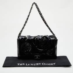 Pre Owned Chanel Black Patent Leather Paris Shanghai Camellia Flap Bag