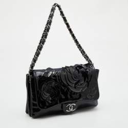 Pre Owned Chanel Black Patent Leather Paris Shanghai Camellia Flap Bag