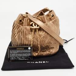 Pre Owned Chanel Gold Leather Small Coco Pleats Drawstring Bag