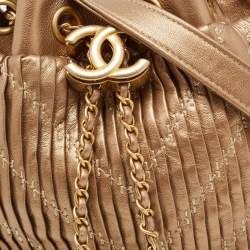 Pre Owned Chanel Gold Leather Small Coco Pleats Drawstring Bag
