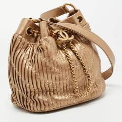 Pre Owned Chanel Gold Leather Small Coco Pleats Drawstring Bag