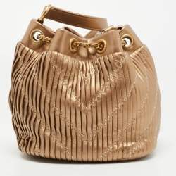 Pre Owned Chanel Gold Leather Small Coco Pleats Drawstring Bag