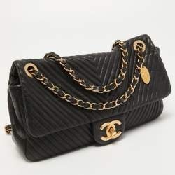 Pre Owned Chanel Black Chevron Leather Medallion Charm Flap Bag