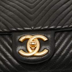 Pre Owned Chanel Black Chevron Leather Medallion Charm Flap Bag