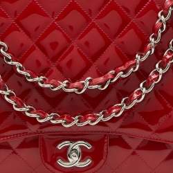 Pre Owned Chanel Red Quilted Patent Leather Maxi Classic Single Flap Bag