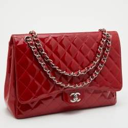 Pre Owned Chanel Red Quilted Patent Leather Maxi Classic Single Flap Bag