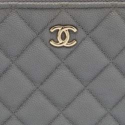 Pre Owned Chanel Grey Quilted Caviar Leather Medium O Case Zip Pouch
