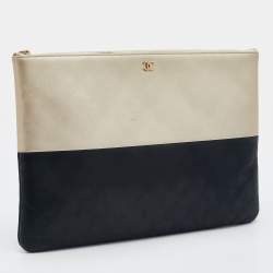 Pre Owned Chanel Gold/Black Caviar and Iridescent Leather Large O Case Clutch