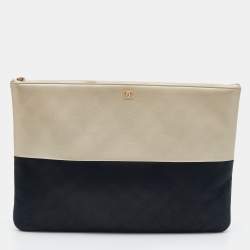 Pre Owned Chanel Gold/Black Caviar and Iridescent Leather Large O Case Clutch
