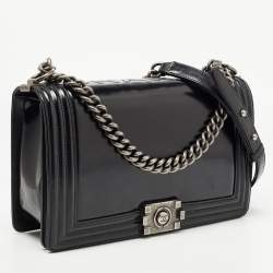 Pre Owned Chanel Black Glossy Leather New Medium Boy Bag