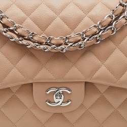 Pre Owned Chanel Beige Quilted Caviar Leather Jumbo Classic Double Flap Bag