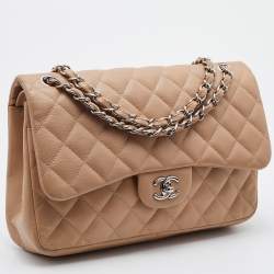 Pre Owned Chanel Beige Quilted Caviar Leather Jumbo Classic Double Flap Bag