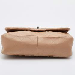 Pre Owned Chanel Beige Quilted Caviar Leather Jumbo Classic Double Flap Bag