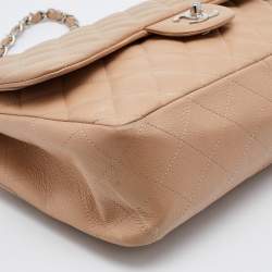 Pre Owned Chanel Beige Quilted Caviar Leather Jumbo Classic Double Flap Bag