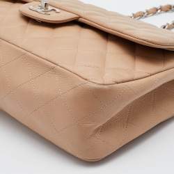 Pre Owned Chanel Beige Quilted Caviar Leather Jumbo Classic Double Flap Bag