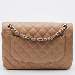 Pre Owned Chanel Beige Quilted Caviar Leather Jumbo Classic Double Flap Bag