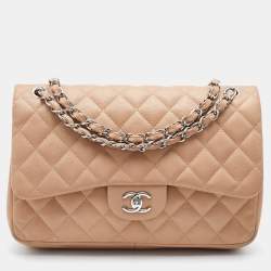 Pre Owned Chanel Beige Quilted Caviar Leather Jumbo Classic Double Flap Bag