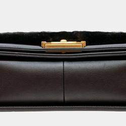 Pre Owned Chanel Black Leather Fur Medium Boy Top Handle Flap Shoulder Bag