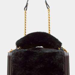 Pre Owned Chanel Black Leather Fur Medium Boy Top Handle Flap Shoulder Bag