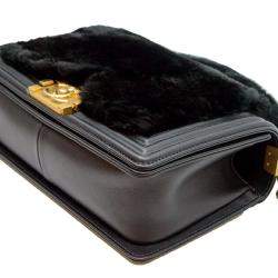 Pre Owned Chanel Black Leather Fur Medium Boy Top Handle Flap Shoulder Bag