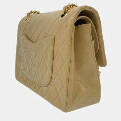 Pre Owned Chanel Beige Lambskin Leather Medium Classic Double Flap Bag