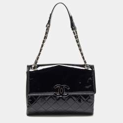 Pre Owned Chanel Black Quilted Patent Leather Double Compartment Flap Bag