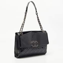 Pre Owned Chanel Black Quilted Patent Leather Double Compartment Flap Bag
