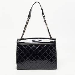 Pre Owned Chanel Black Quilted Patent Leather Double Compartment Flap Bag