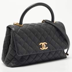 Pre Owned Chanel Black Quilted Caviar Leather Medium Coco Top Handle Bag