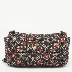 Pre Owned Chanel Black/Red Optic Print Cube Quilted Satin and Leather Medium CC Flap Bag