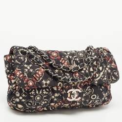 Pre Owned Chanel Black/Red Optic Print Cube Quilted Satin and Leather Medium CC Flap Bag