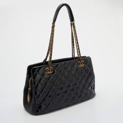 Pre Owned Chanel Black Quilted Patent Leather Double Chain Bag