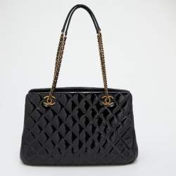Pre Owned Chanel Black Quilted Patent Leather Double Chain Bag