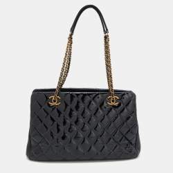 Pre Owned Chanel Black Quilted Patent Leather Double Chain Bag