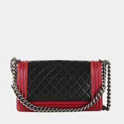 Pre Owned Chanel Black Quilted Leather With Red Trims Old Medium Boy Shoulder Bag