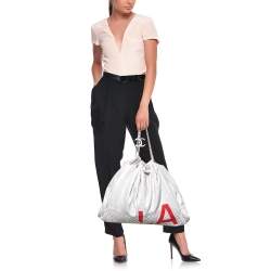 Pre Owned Chanel Metallic Beige/Red Quilted Jersey and Leather LA Bag