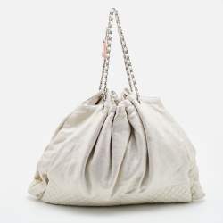 Pre Owned Chanel Metallic Beige/Red Quilted Jersey and Leather LA Bag