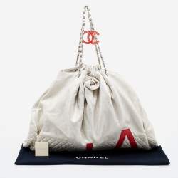 Pre Owned Chanel Metallic Beige/Red Quilted Jersey and Leather LA Bag